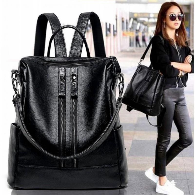 Canvas Backpack Casual - Damski plecak ze skóry ekologicznej, czarny,